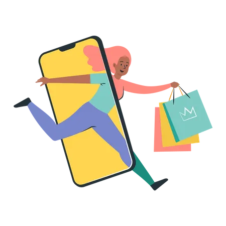 Femme faisant du shopping sur mobile  Illustration