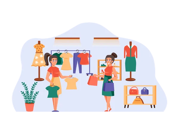 Femme shopping vêtements au magasin  Illustration