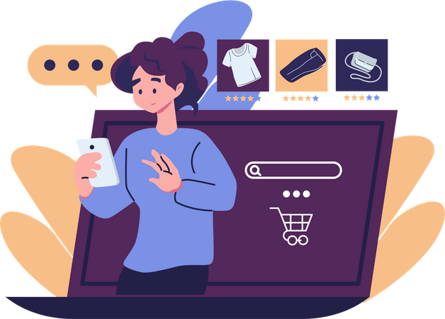 Femme faisant du shopping via une plateforme de commerce électronique  Illustration