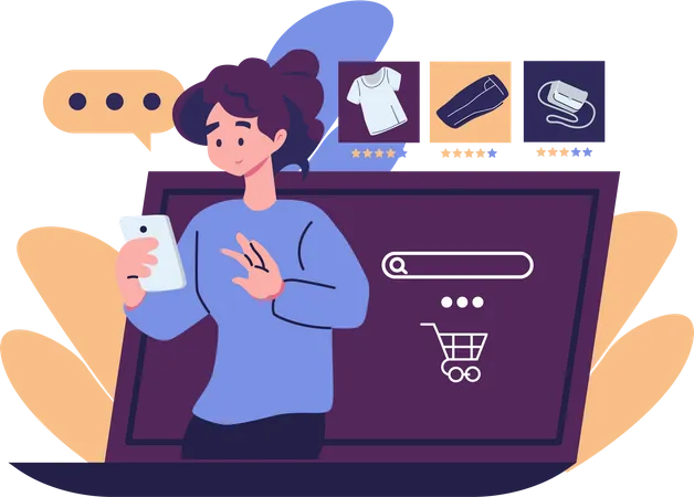 Femme faisant du shopping via une plateforme de commerce électronique  Illustration