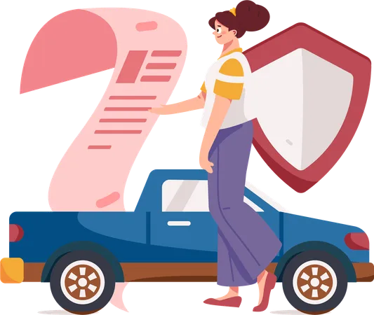 Une femme signe des papiers d'assurance automobile  Illustration