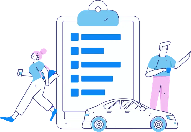 Une femme signe un document d'assurance automobile  Illustration