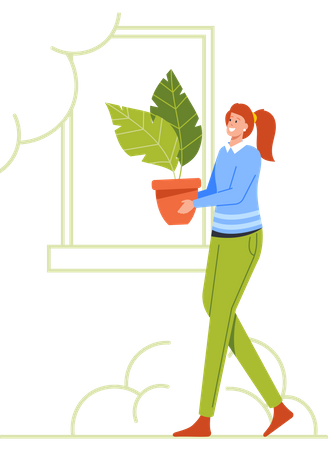 Femme prenant soin d'un pot de plante  Illustration