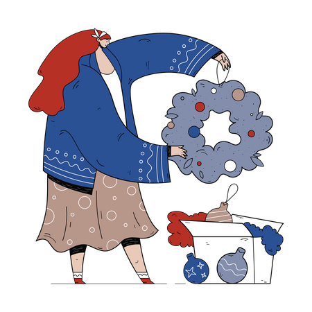 Une femme sort des objets de décoration de Noël  Illustration