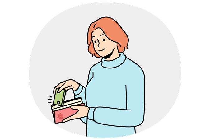 Une femme sort sa carte de crédit ou de débit de son portefeuille  Illustration