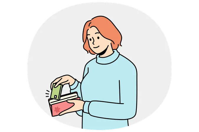 Une femme sort sa carte de crédit ou de débit de son portefeuille  Illustration