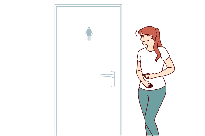 Une femme souffrant de diarrhée se précipite aux toilettes, debout près d'une porte fermée, en raison de problèmes d'estomac.  Illustration