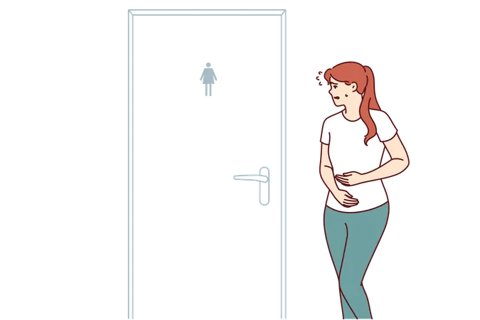 Une femme souffrant de diarrhée se précipite aux toilettes, debout près d'une porte fermée, en raison de problèmes d'estomac.  Illustration