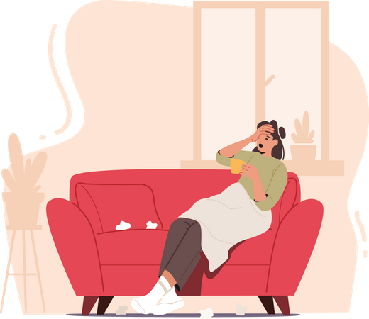 Femme souffrant de grippe assise à la maison et buvant une boisson chaude  Illustration