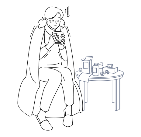 Femme souffrant de grippe assise à la maison et buvant une boisson chaude  Illustration