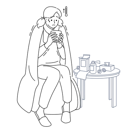 Femme souffrant de grippe assise à la maison et buvant une boisson chaude  Illustration
