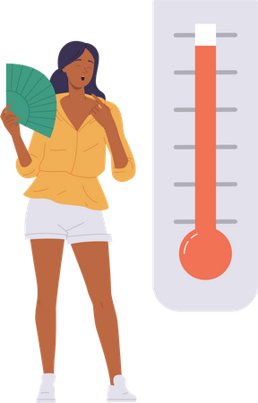 Jeune femme souffrant d'un degré de température élevé sur un thermomètre  Illustration