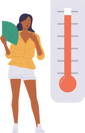 Jeune femme souffrant d'un degré de température élevé sur un thermomètre  Illustration