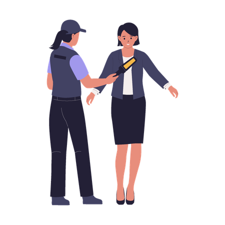Une femme soumise à un contrôle de sécurité par scanner corporel par un garde  Illustration