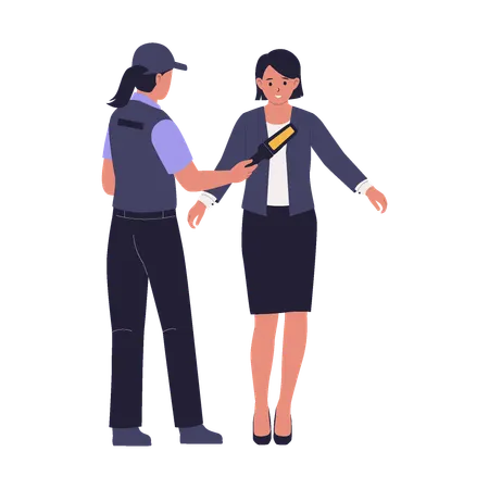 Une femme soumise à un contrôle de sécurité par scanner corporel par un garde  Illustration