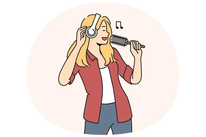 Une femme souriante avec des écouteurs chante avec une brosse à cheveux  Illustration