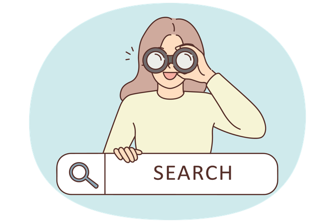 Une femme souriante avec des jumelles recherche sur le Web  Illustration