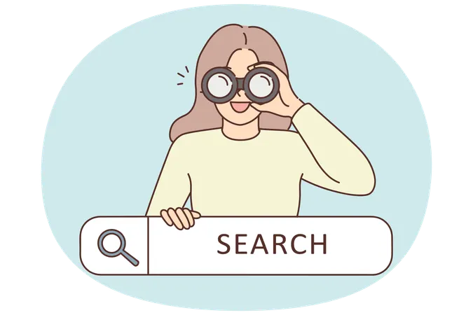 Une femme souriante avec des jumelles recherche sur le Web  Illustration