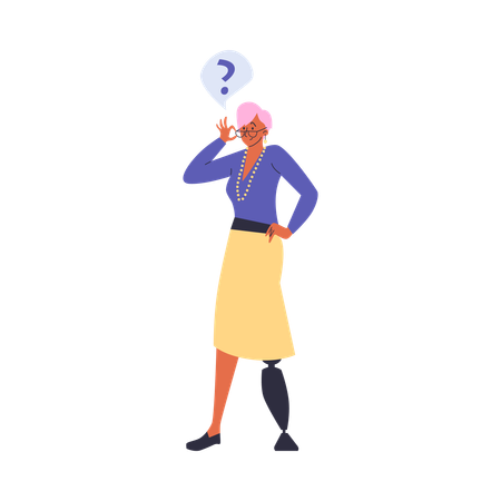 Femme souriante avec une jambe artificielle et une émotion interrogative  Illustration