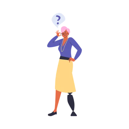 Femme souriante avec une jambe artificielle et une émotion interrogative  Illustration