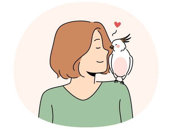 Femme souriante avec un perroquet assis sur son épaule  Illustration