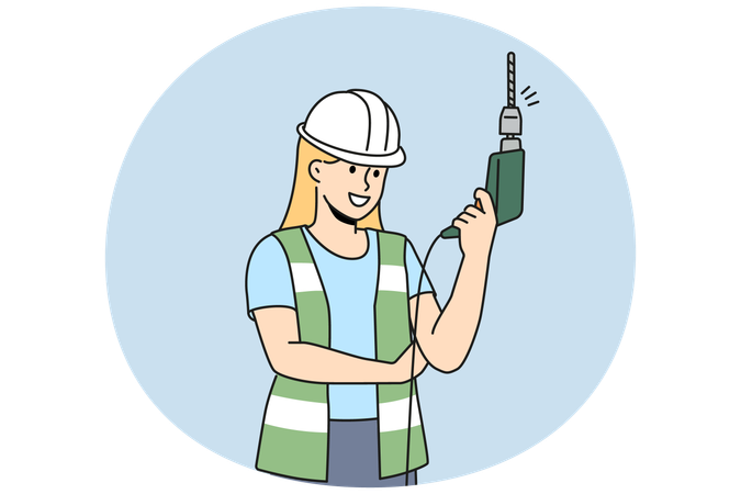 Femme souriante avec une perceuse électrique dans les mains  Illustration