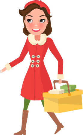 Femme souriante en manteau chaud achetant des cadeaux à Noël  Illustration