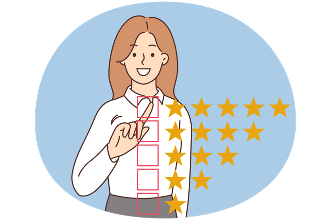 Une femme souriante donne un avis cinq étoiles  Illustration