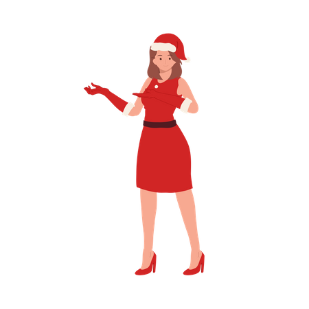 Femme souriante en costume de Père Noël debout et montrant quelque chose à gauche  Illustration