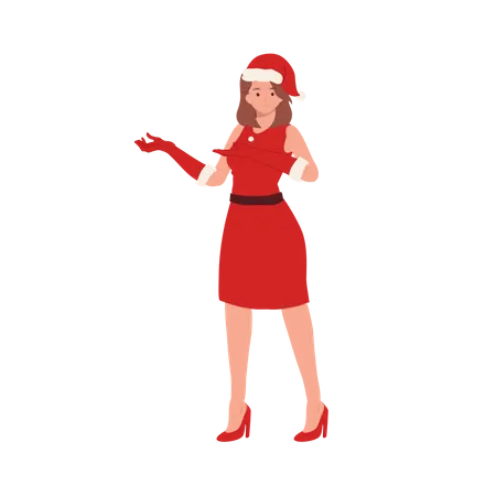 Femme souriante en costume de Père Noël debout et montrant quelque chose à gauche  Illustration