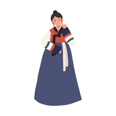 Femme souriante en costume traditionnel coréen hanbok avec pose de mini coeur  Illustration