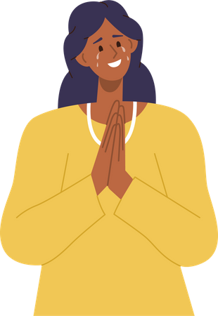 Femme souriante pleurant de bonheur, ressentant de la gratitude, se tenant la main en position de prière  Illustration