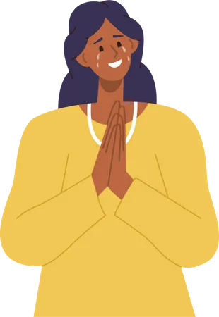 Femme souriante pleurant de bonheur, ressentant de la gratitude, se tenant la main en position de prière  Illustration