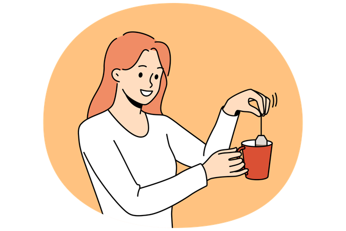 Une femme souriante prépare du thé dans une tasse  Illustration
