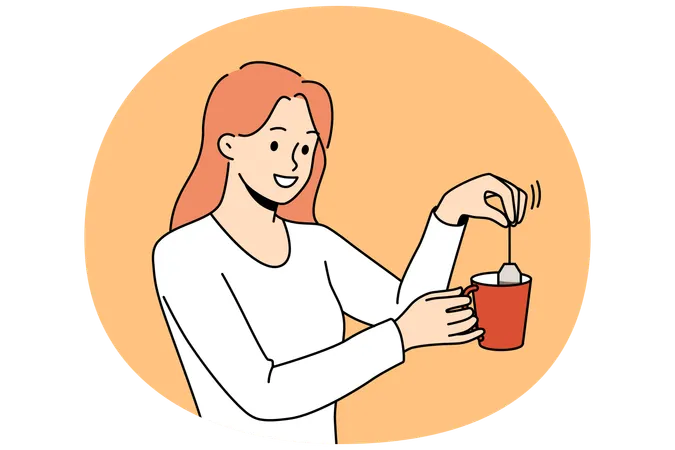 Une femme souriante prépare du thé dans une tasse  Illustration