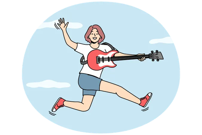 Une femme souriante saute en jouant de la guitare  Illustration