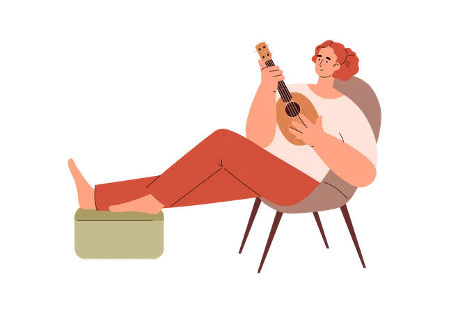 Femme souriante relaxante jouant du ukulélé  Illustration