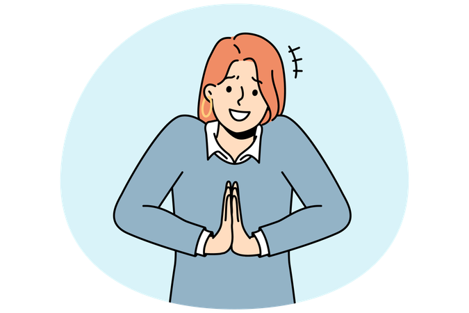 Une femme souriante se tient les mains en prière pour demander une faveur  Illustration