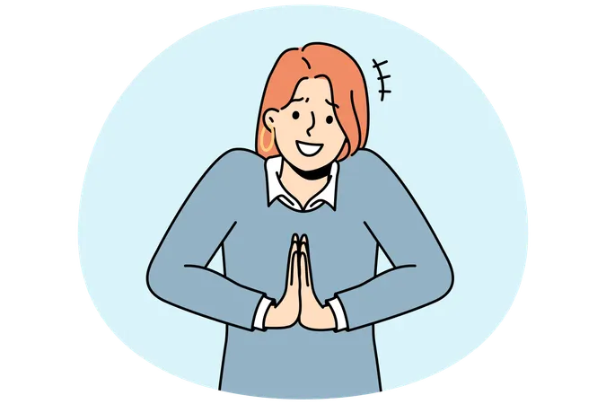 Une femme souriante se tient les mains en prière pour demander une faveur  Illustration
