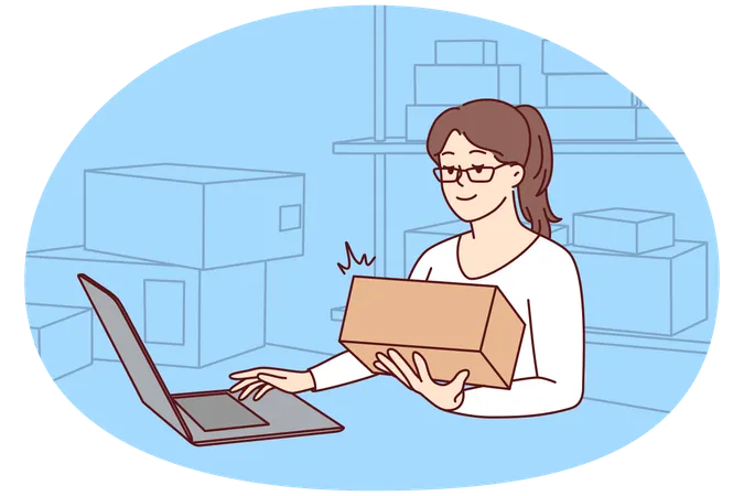 Femme souriante travaillant sur ordinateur dans un entrepôt et formant des commandes  Illustration