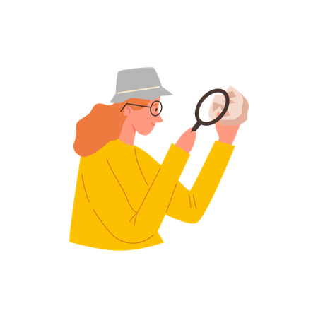 Femme souriante portant un chapeau examinant une pierre à la loupe  Illustration