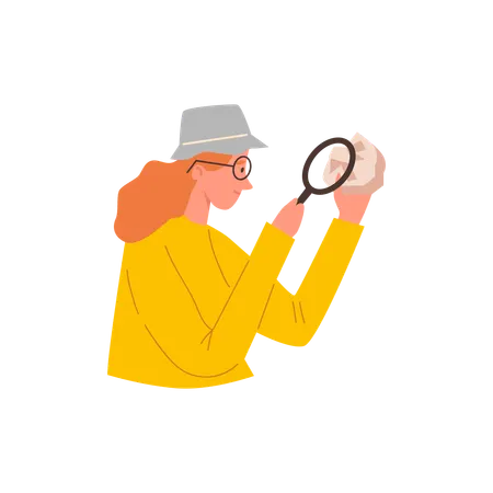Femme souriante portant un chapeau examinant une pierre à la loupe  Illustration