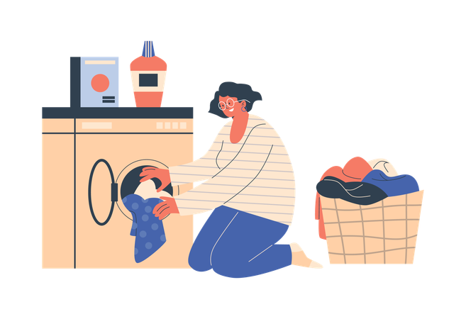 Femme souriante avec des lunettes faisant la lessive  Illustration