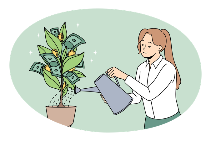 Femme souriante debout et arrosant un arbre à argent vert avec de l'argent liquide sur les branches  Illustration