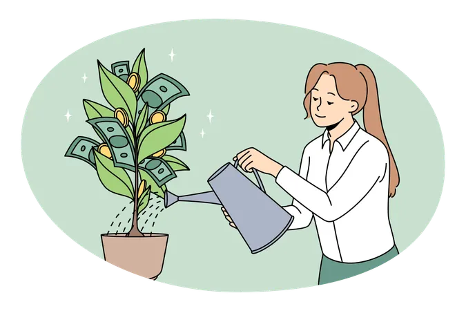 Femme souriante debout et arrosant un arbre à argent vert avec de l'argent liquide sur les branches  Illustration