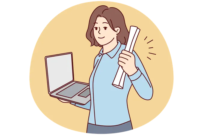 Femme souriante tenant un diplôme et un ordinateur portable dans ses mains  Illustration