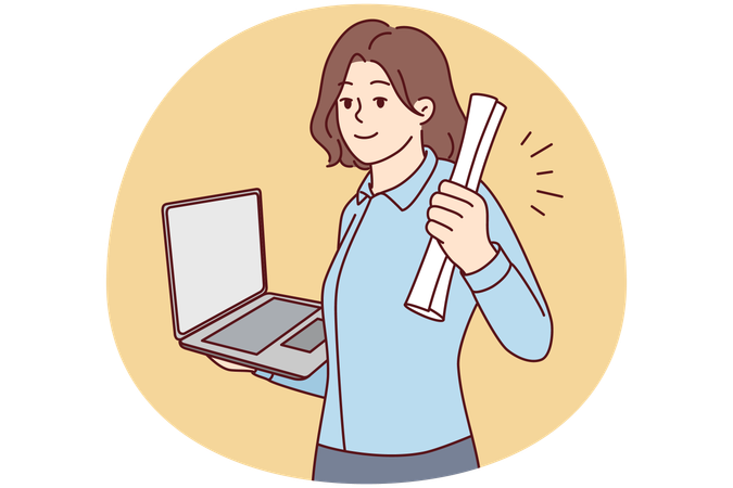 Une femme souriante tient un diplôme et un ordinateur portable dans ses mains  Illustration