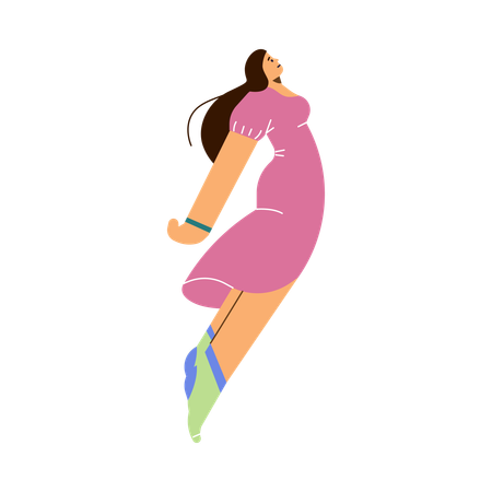 Femme souriante volante en robe rose et chaussettes vertes  Illustration