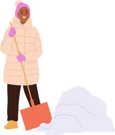 Heureuse femme souriante enlevant la neige avec une pelle nettoyant la cour ou la route  Illustration