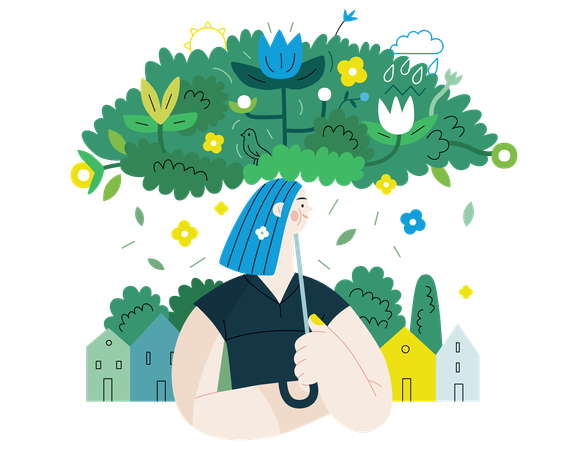 Femme sous un parapluie vert luxuriant de plantes et de fleurs  Illustration